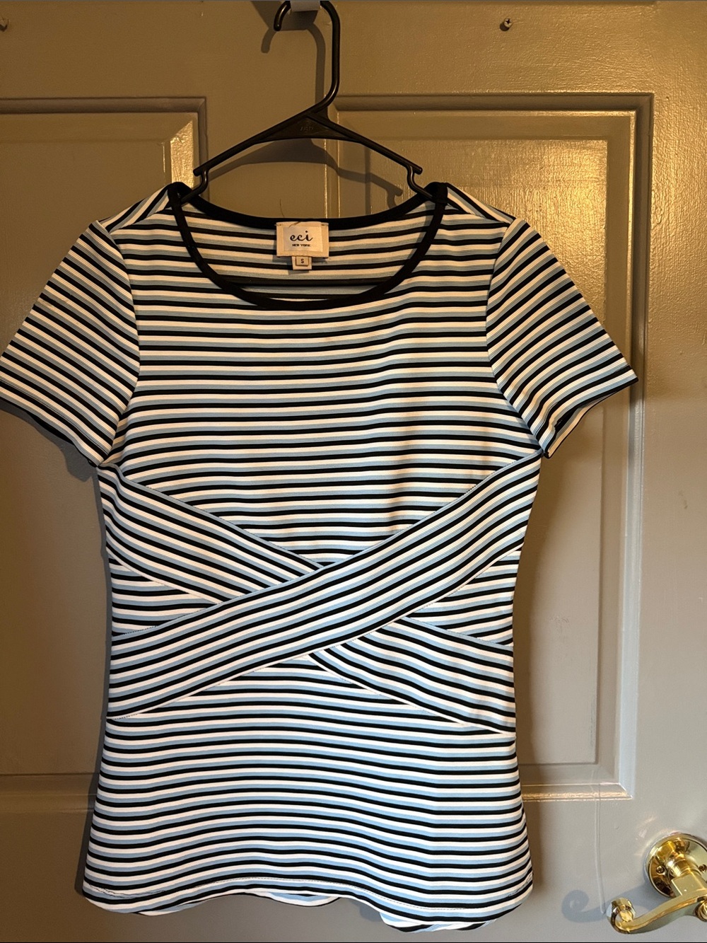 ECI Black and White Striped Crossover Short Sleeve Top